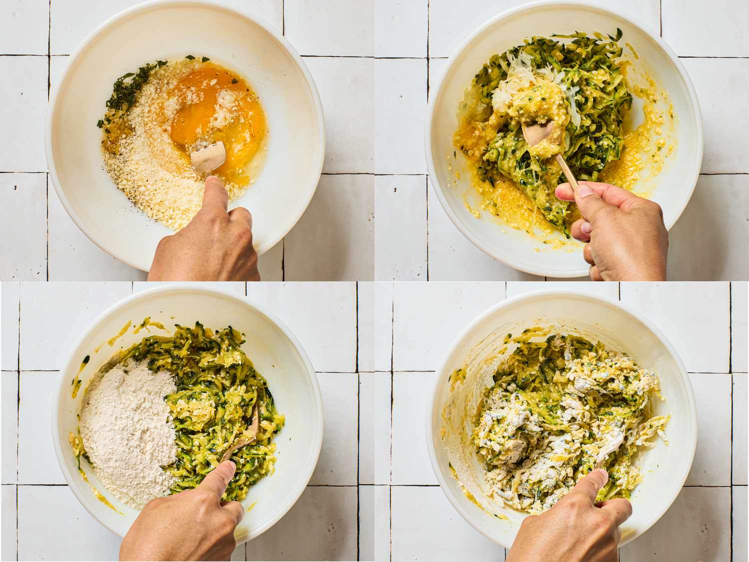 Series of images showing the process of mixing ingredients in a bowl to prepare zucchini pancakes