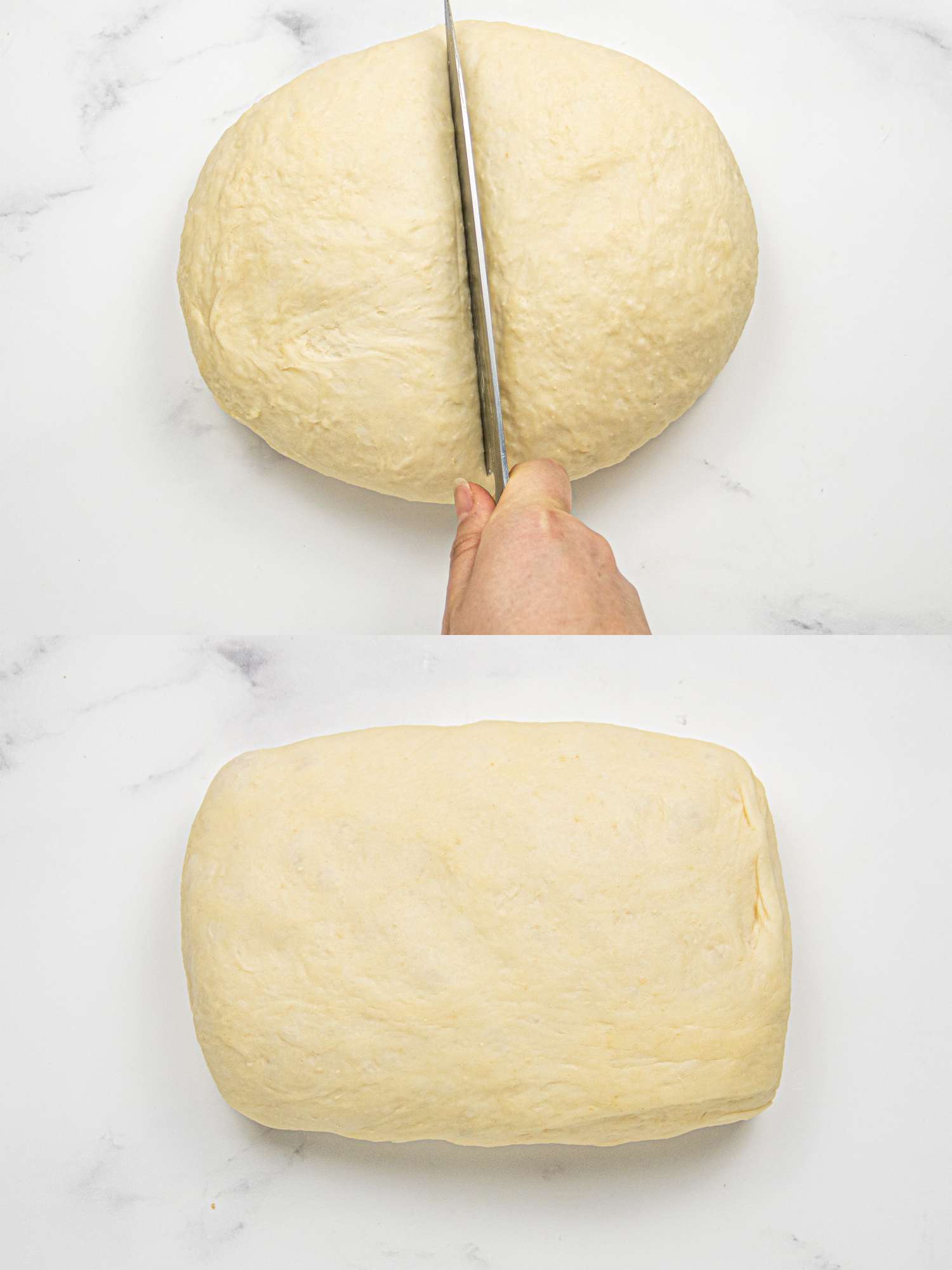 Dough being divided with a knife then shaped into a rectangle on a surface