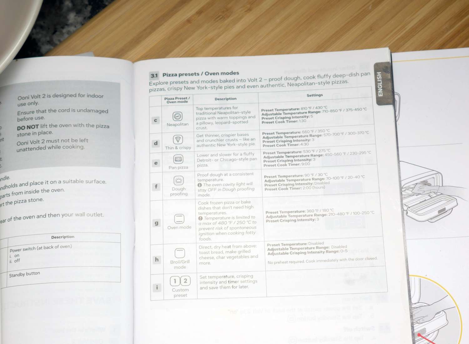 An open appliance manual showing instructions and diagrams on a wooden surface