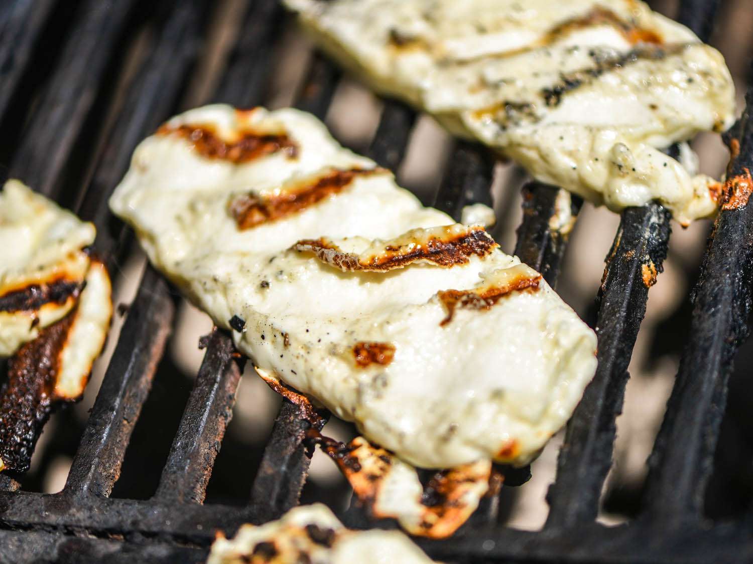 slices of queso panela charred on a grill