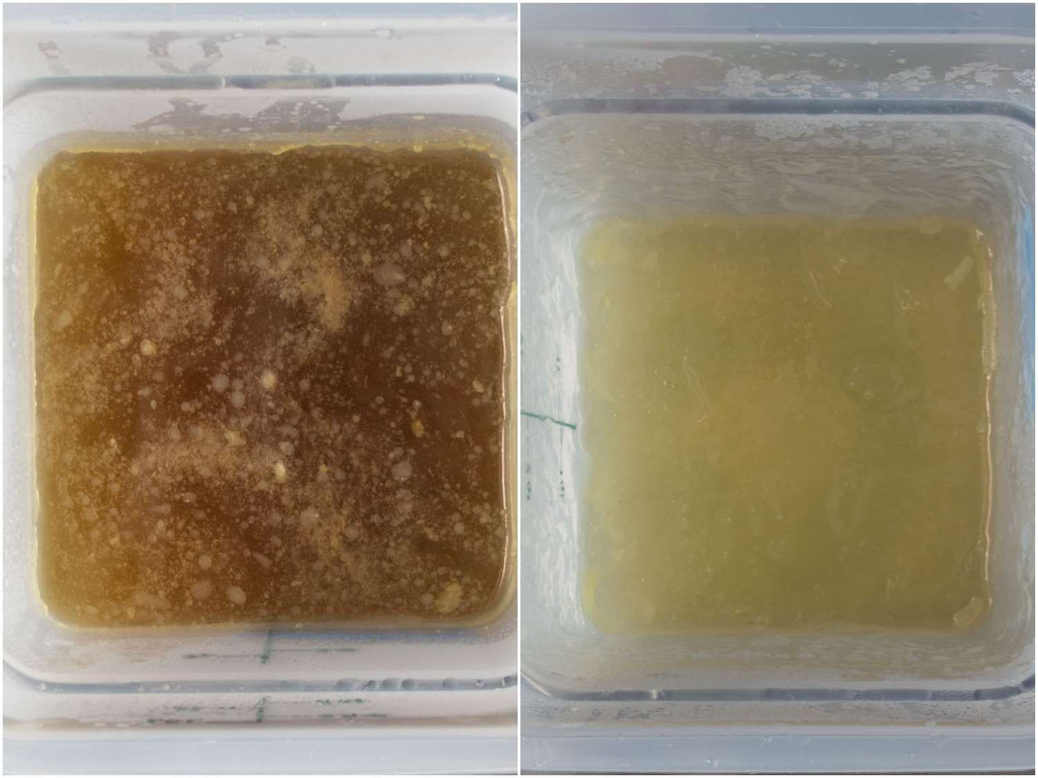 Side by side comparison of broth in which vegetables have been simmered versus broth in which vegetables have been steeped.