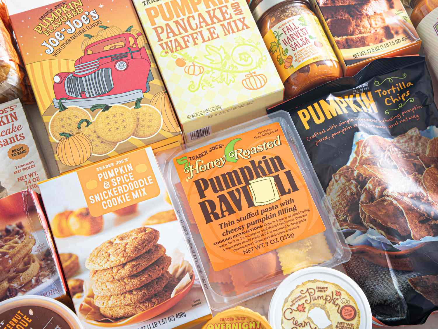A variety of Trader Joes products themed around pumpkin flavor