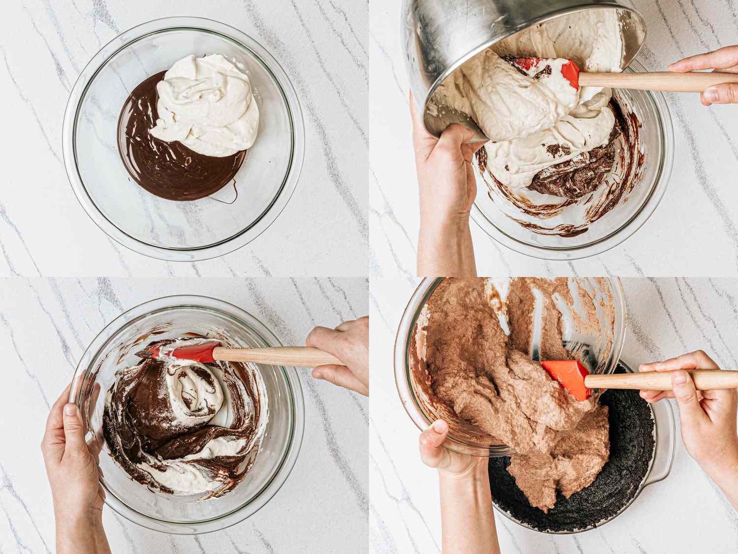 Stepbystep preparation of a dessert including mixing ingredients in a bowl and transferring to a pan