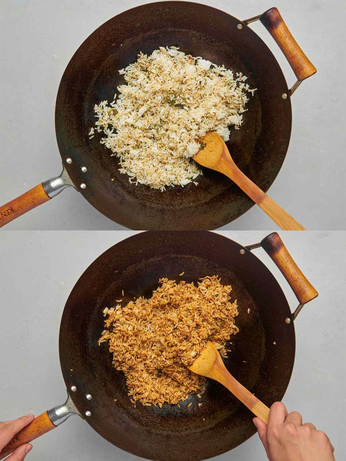 A two-image collage. The top image shows the rice added to the pan and incorporated with the cooked spice paste. There is a wooden spatula in the pan. The bottom image shows the rice and the wooden spatula, now darkened after the addition of kecap manis and soy sauce.