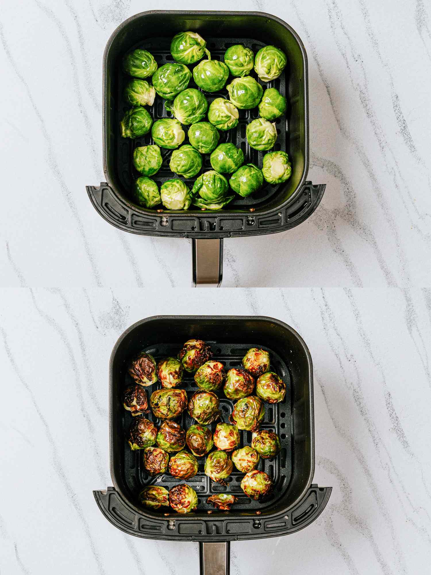 Split view of uncooked and cooked Brussels sprouts in an air fryer basket