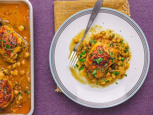 Overhead view of Sheet Pan Harrissa and Orange Chicken with Chickpea