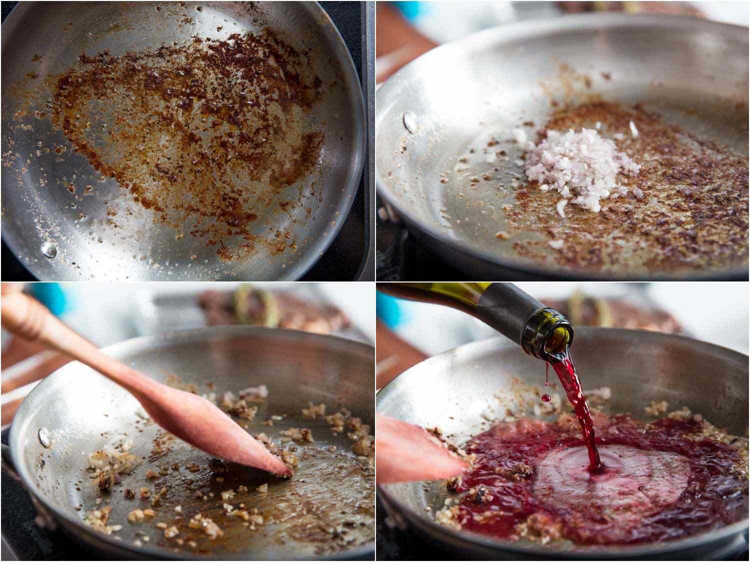 Collage of photos of making a pan sauce: fond on the bottom of a skillet, minced shallot in the skillet, scraping up fond and shallots with a wooden spatula, pouring in red wine