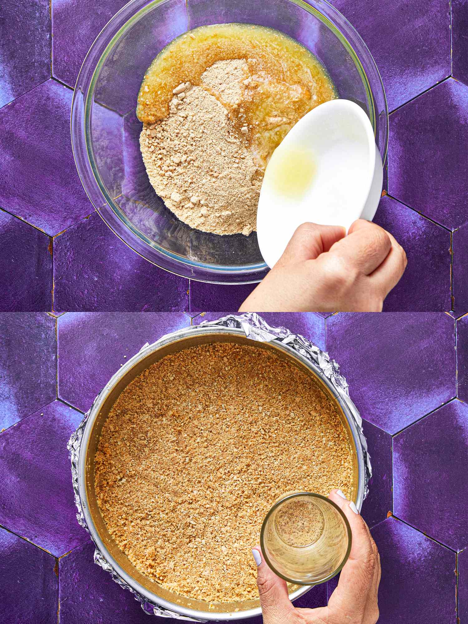 Steps to prepare a graham cracker crumb crust including pouring melted butter and pressing it into a springform pan