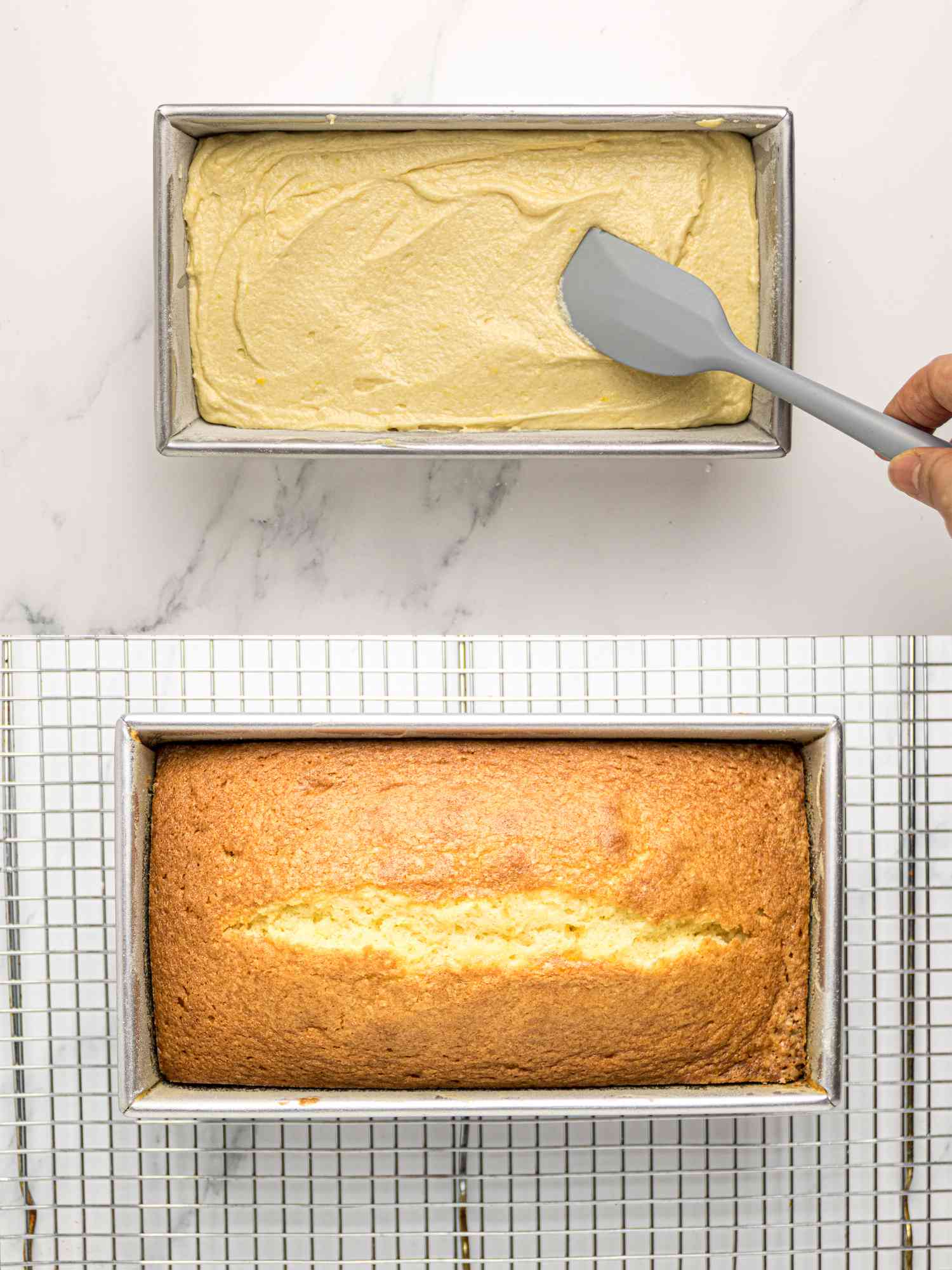 Unbaked lemon pound cake batter in a pan being spread with a spatula, baked lemon pound cake cooling on a wire rack.