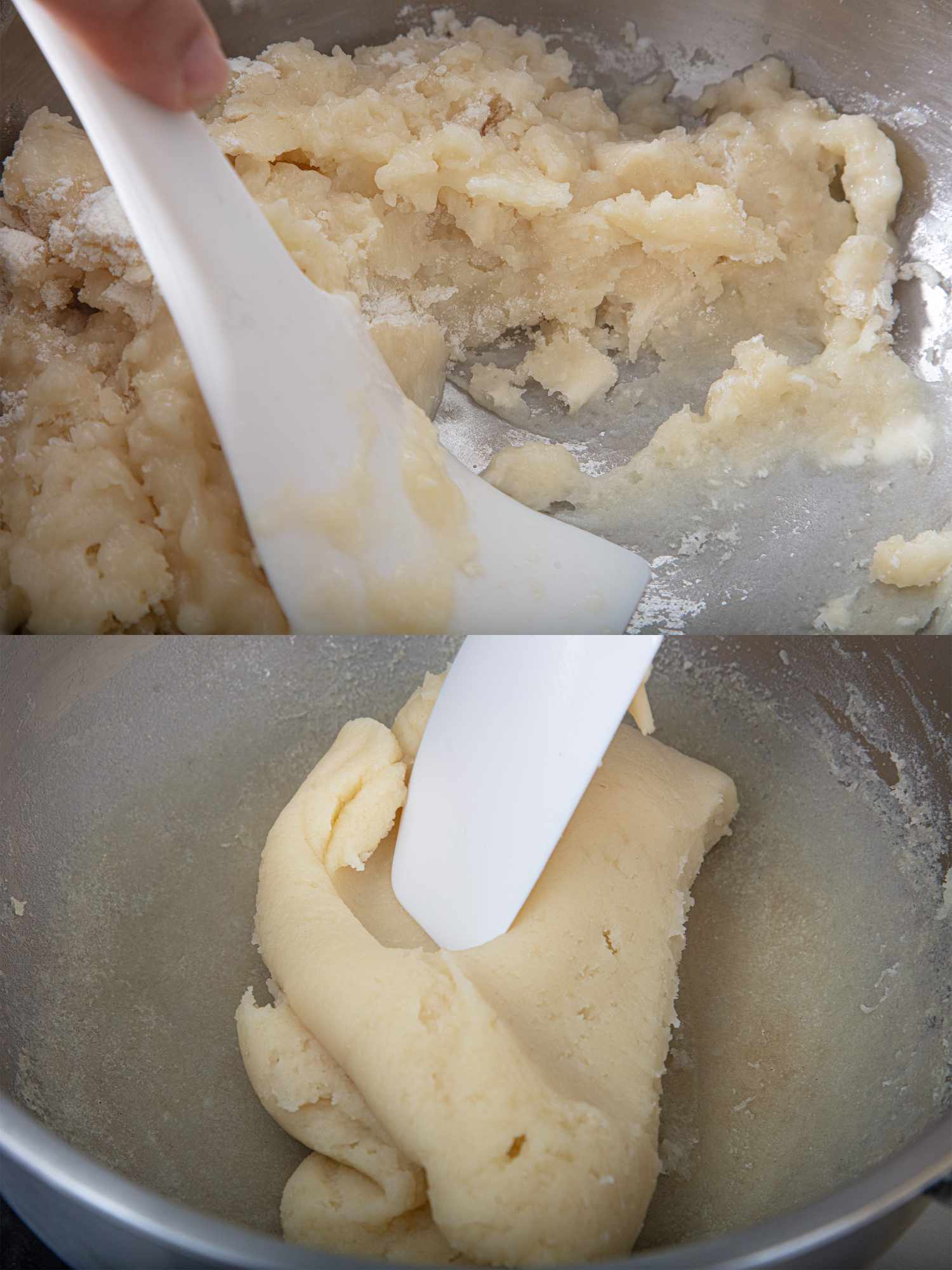 Two image collage of mixing flour