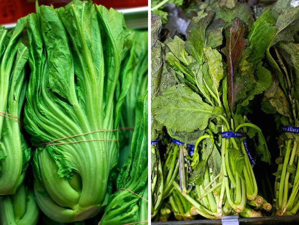 A split image showing green mustard greens on the left and Korean red mustard greens on the right 