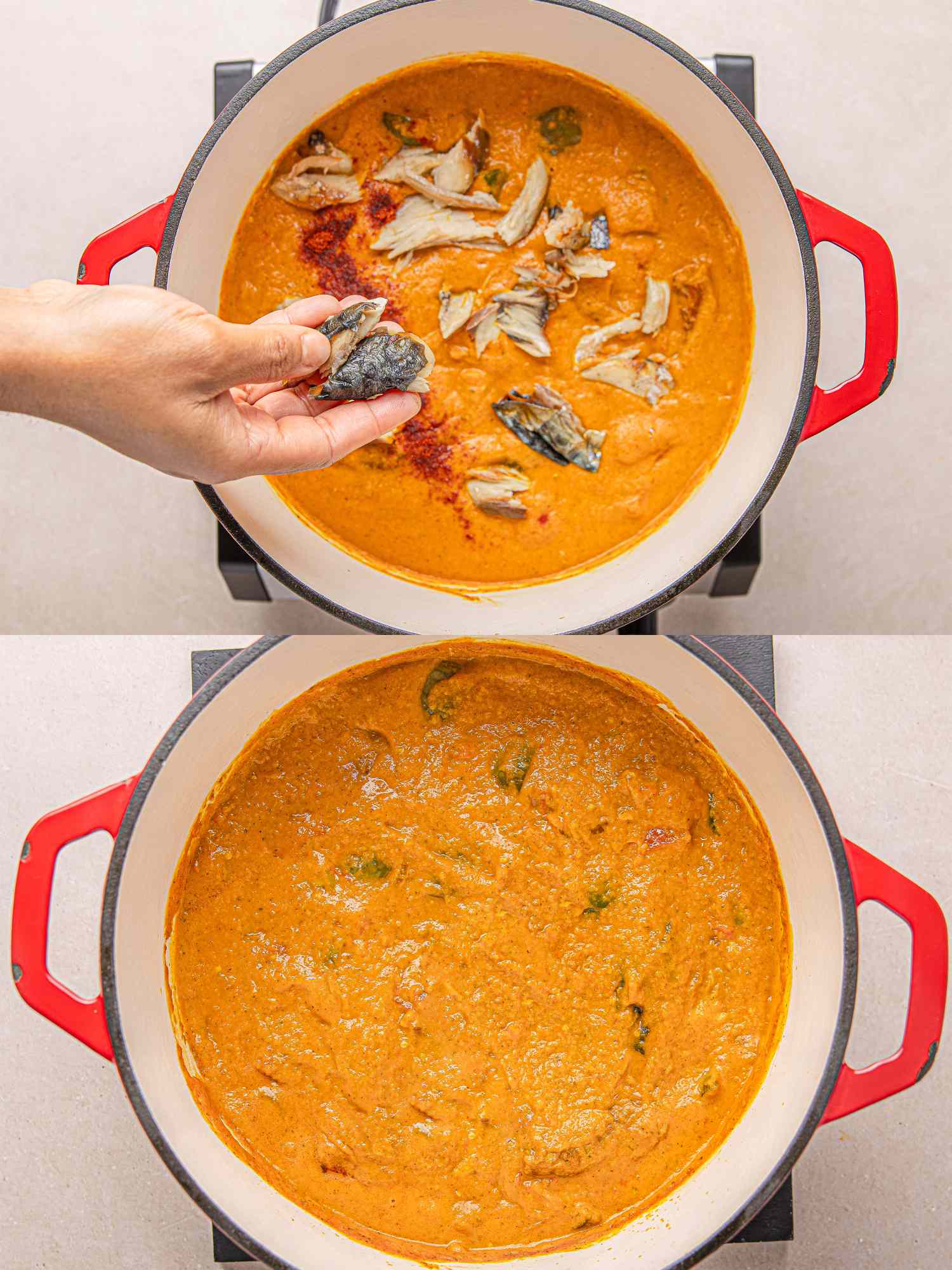 Two images showing the preparation of Nigerian egg sauce one with ingredients being added to the pot and the other showing the sauce cooked