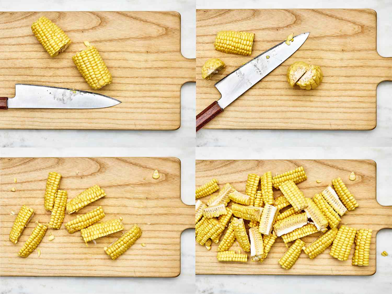 collage of four images. From left to right, top to bottom: corn sliced in half longways on a wooden board with a knife. Corn sliced in quarters, then into thin slices. 