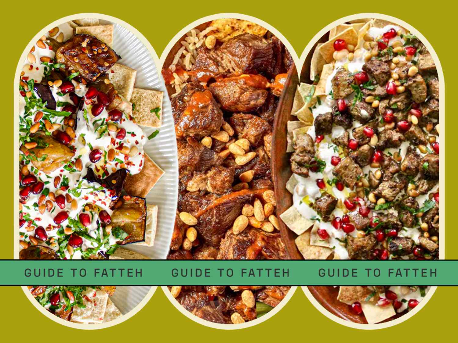 Three varieties of Fatteh dishes each plated with distinctive toppings and garnishes displayed side by side