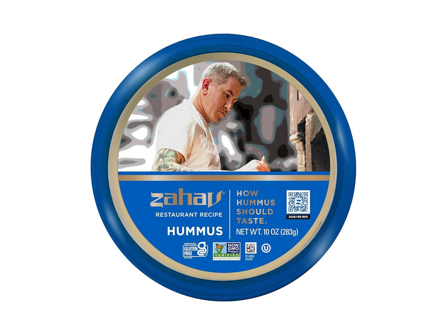 Zahav branded hummus packaging featuring a chef's profile