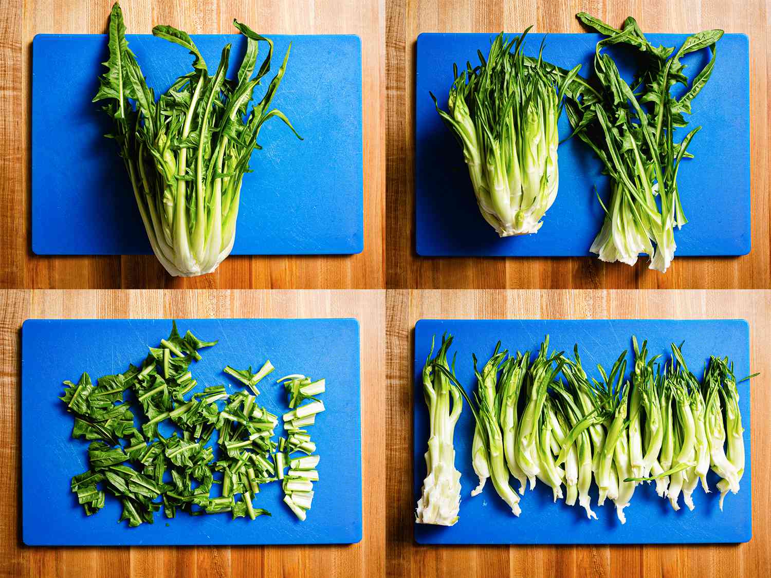 Four image collage showing how to prepare puntarelle