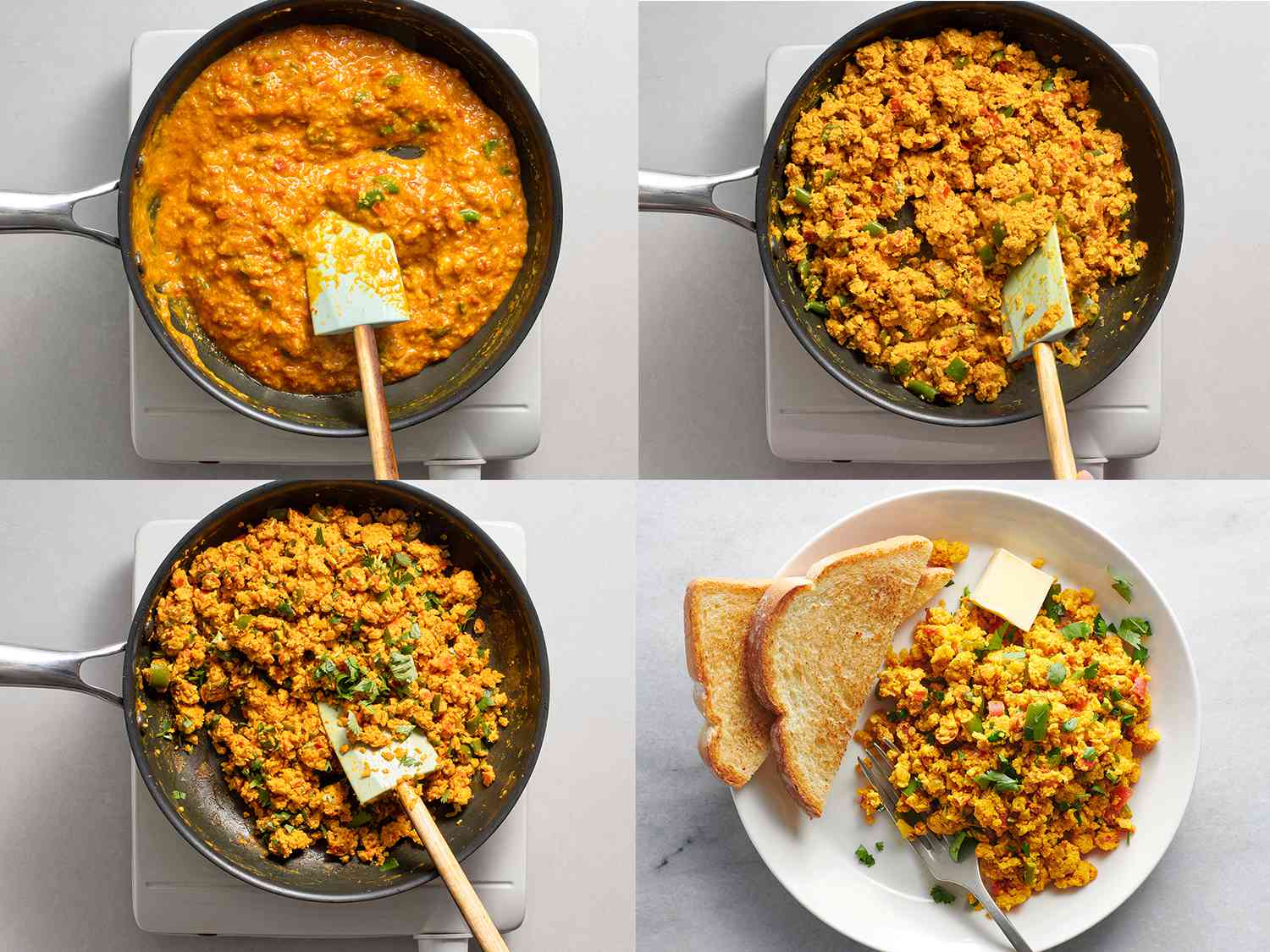 A four-image collage showing the eggs being added to the skillet and then cooked until the desired consistency, and then plated with toast and butter.