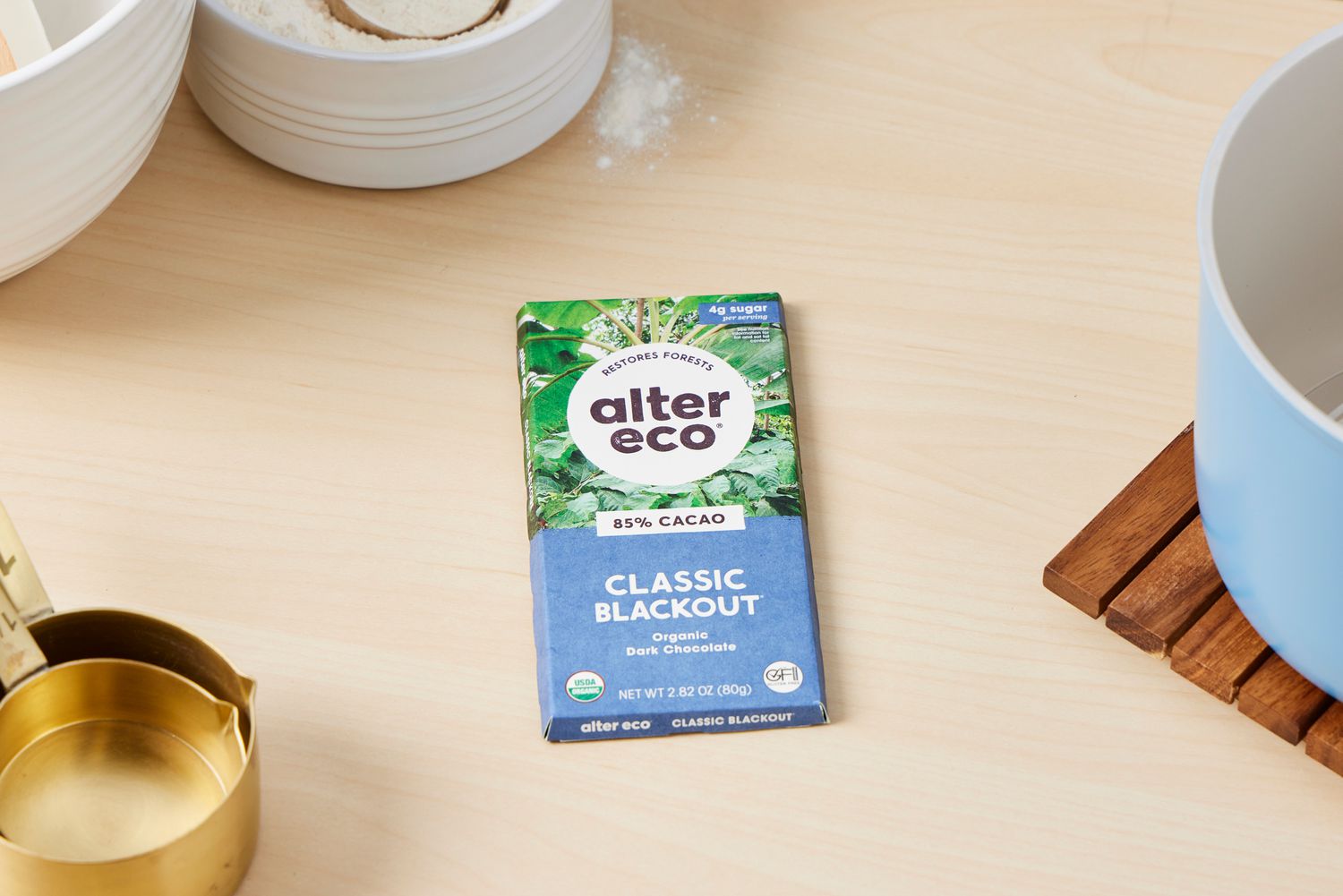 An Alter Eco chocolate. bar on a kitchen countertop.