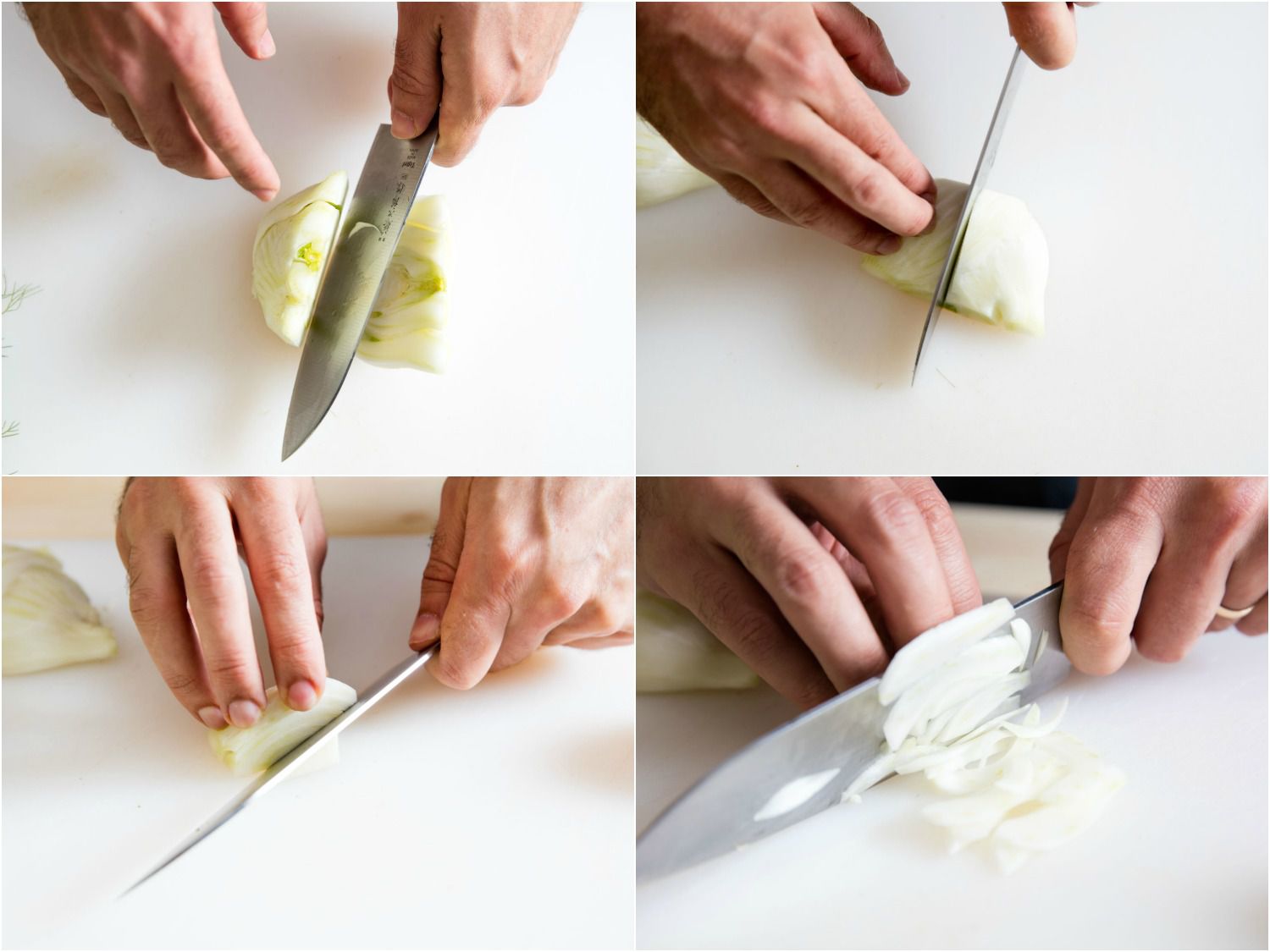 A collage showing how to cut fennel into thin strips.