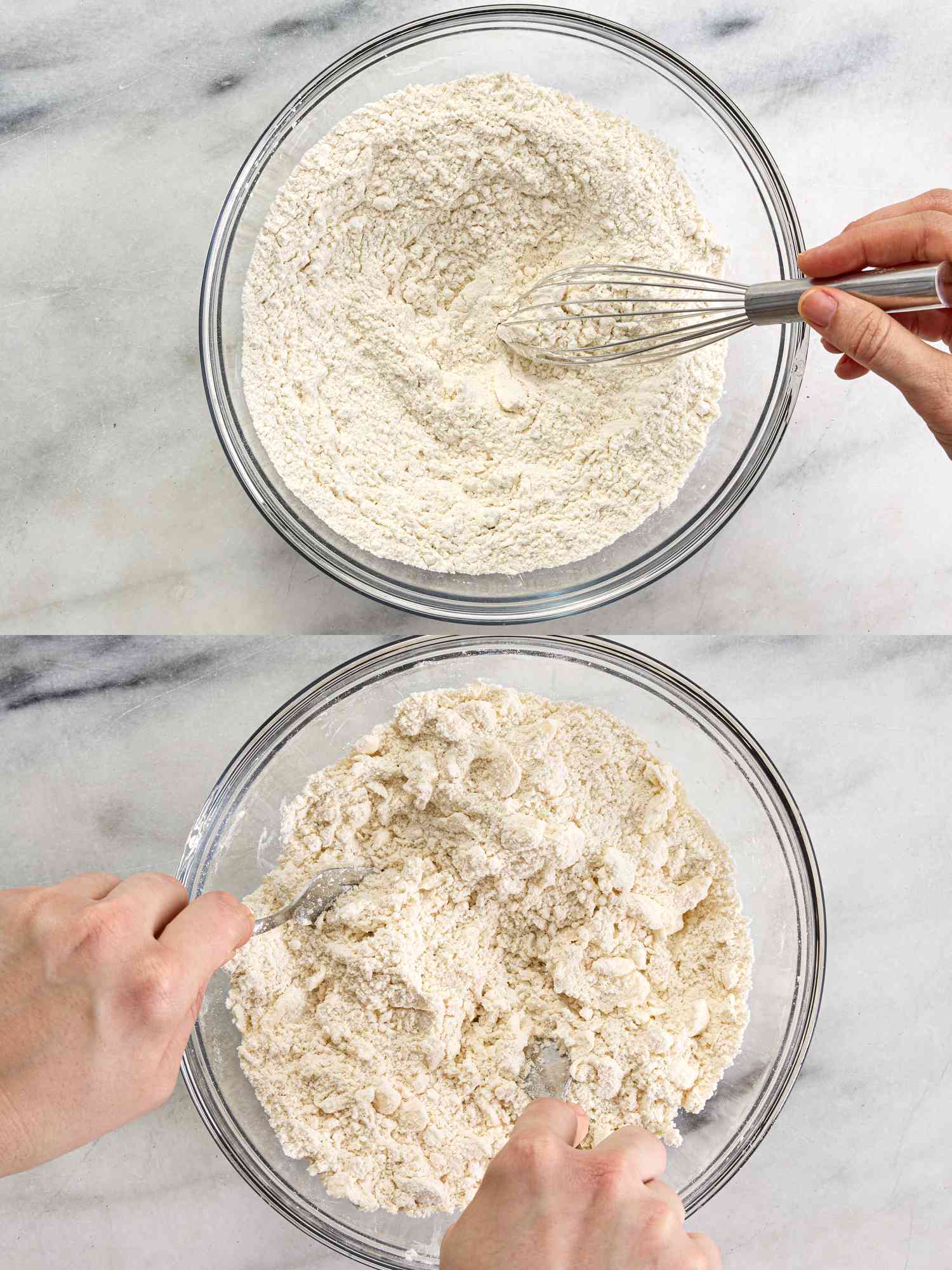 2 image collage. Top: whisking dry ingredients together in glass bowl. Bottom: cutting butter into dough with 2 forks.