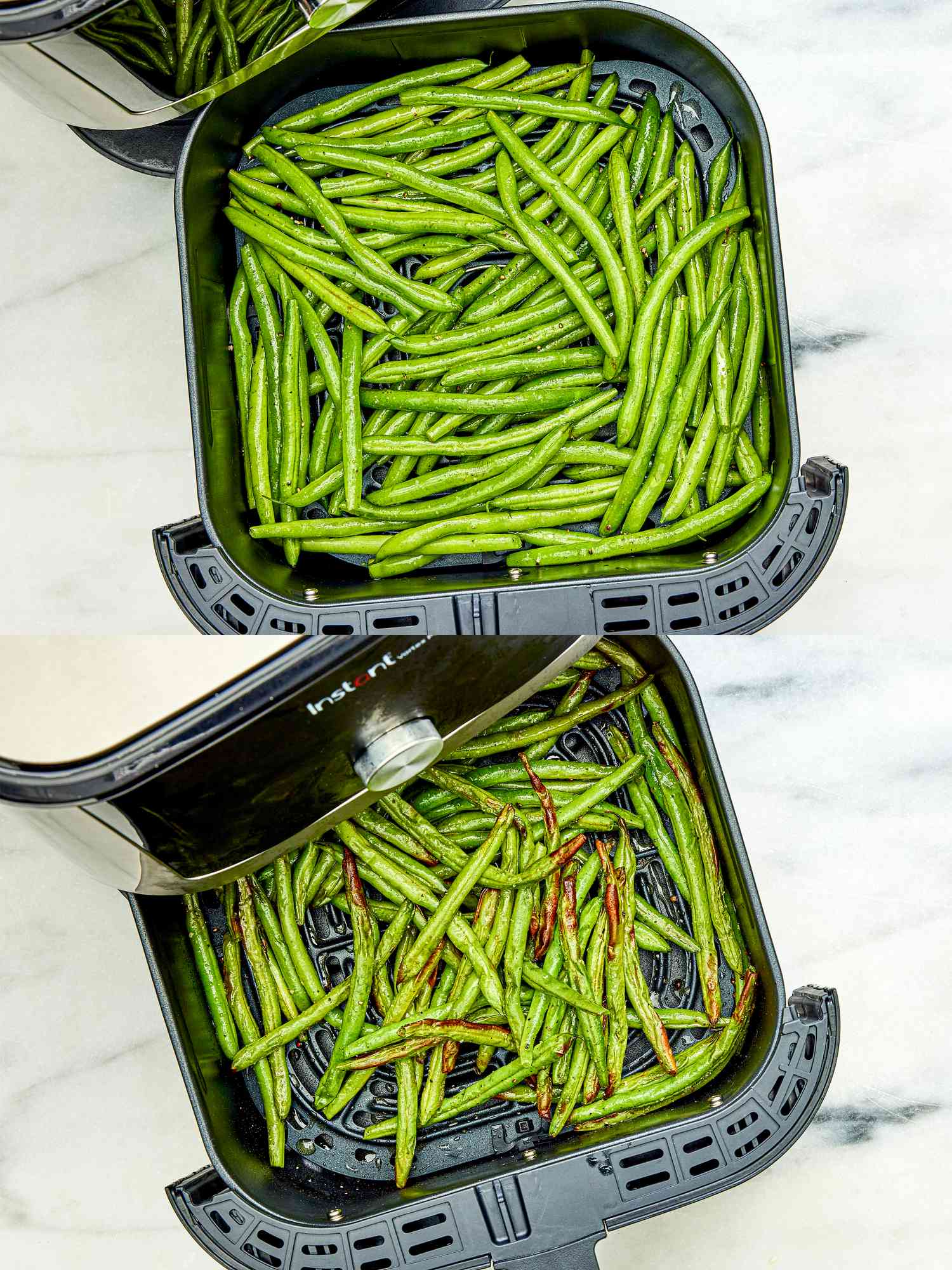 An air fryer with green beans (raw and cooked)