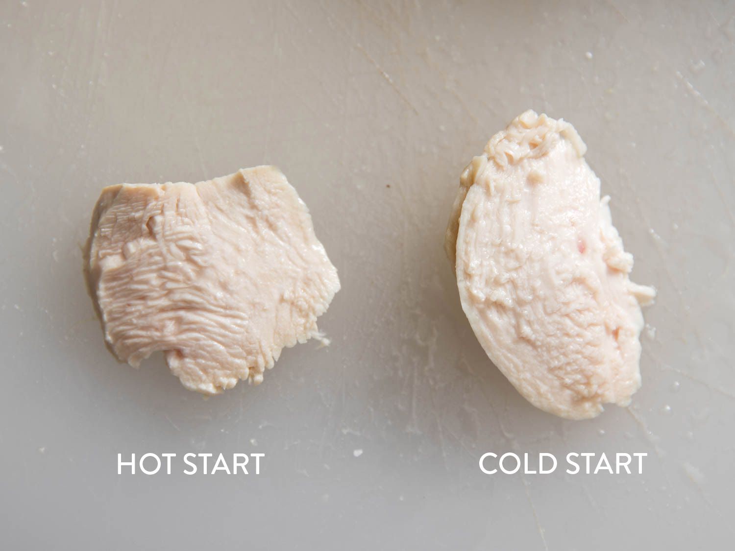 Side by side comparison of two methods of chicken breast poaching showing the interior of the meat. The traditional hot-start method looks more dry and fibrous, while the cold-start method advocated by this article shows meat that is plump and juicy.