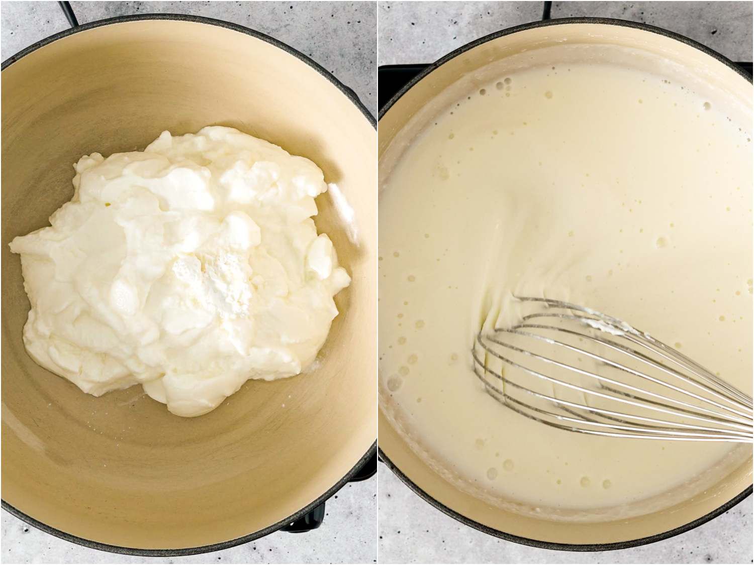 collage: simmering yogurt, water, and cornstarch on a stovetop while whisking consistently