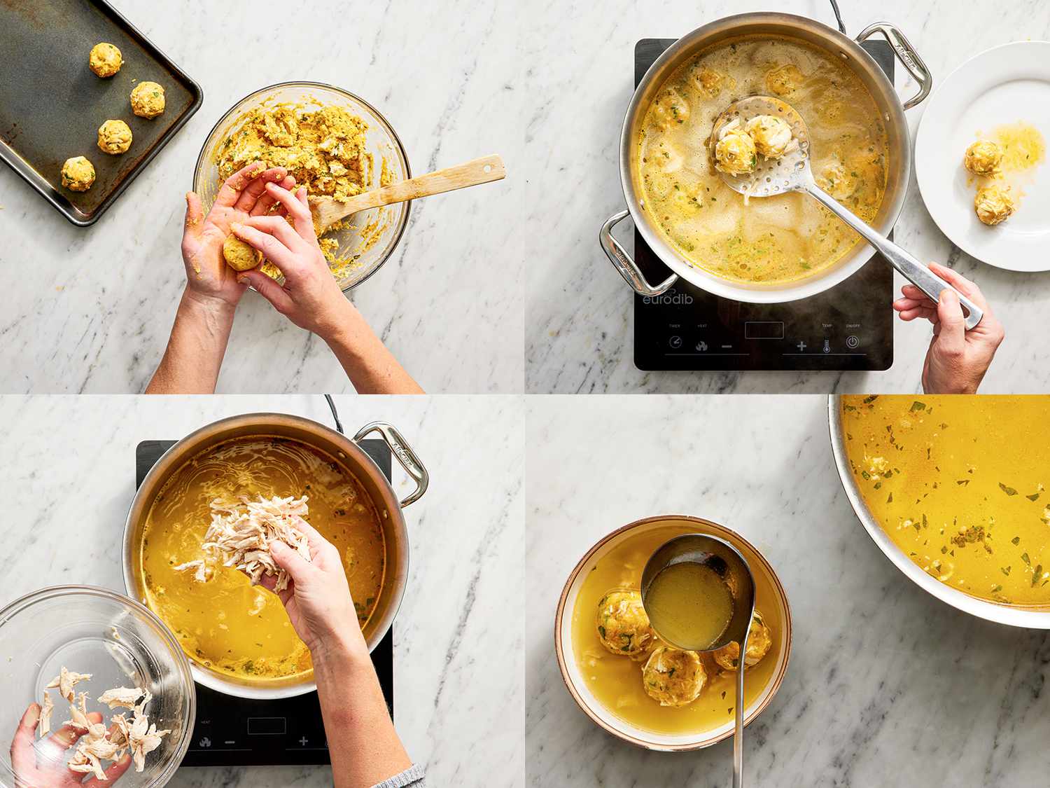 Four image collage of meatballs being made, cooked in broth, chicken being added to broth, and broth 