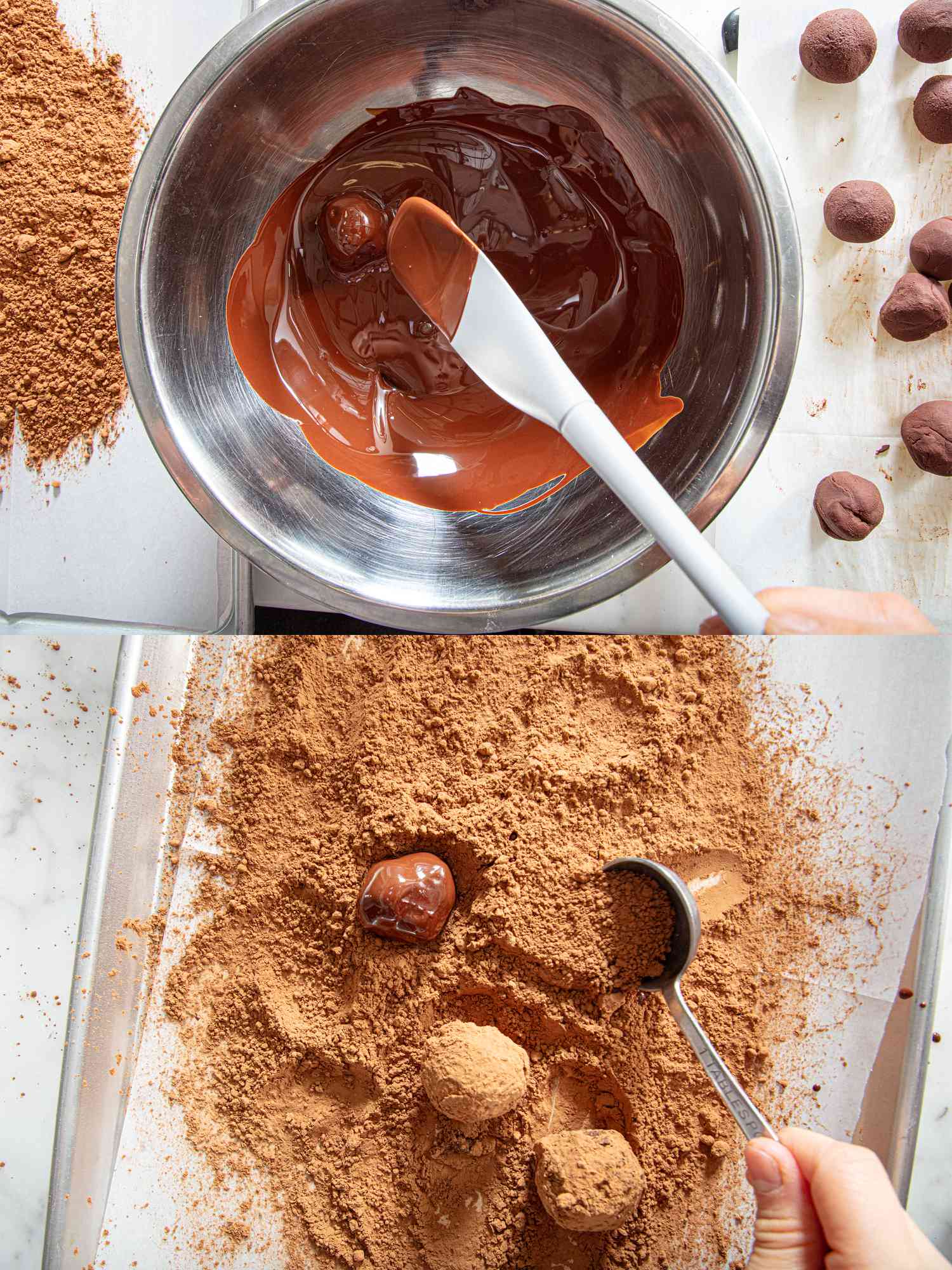 Two image collage of forming truffles