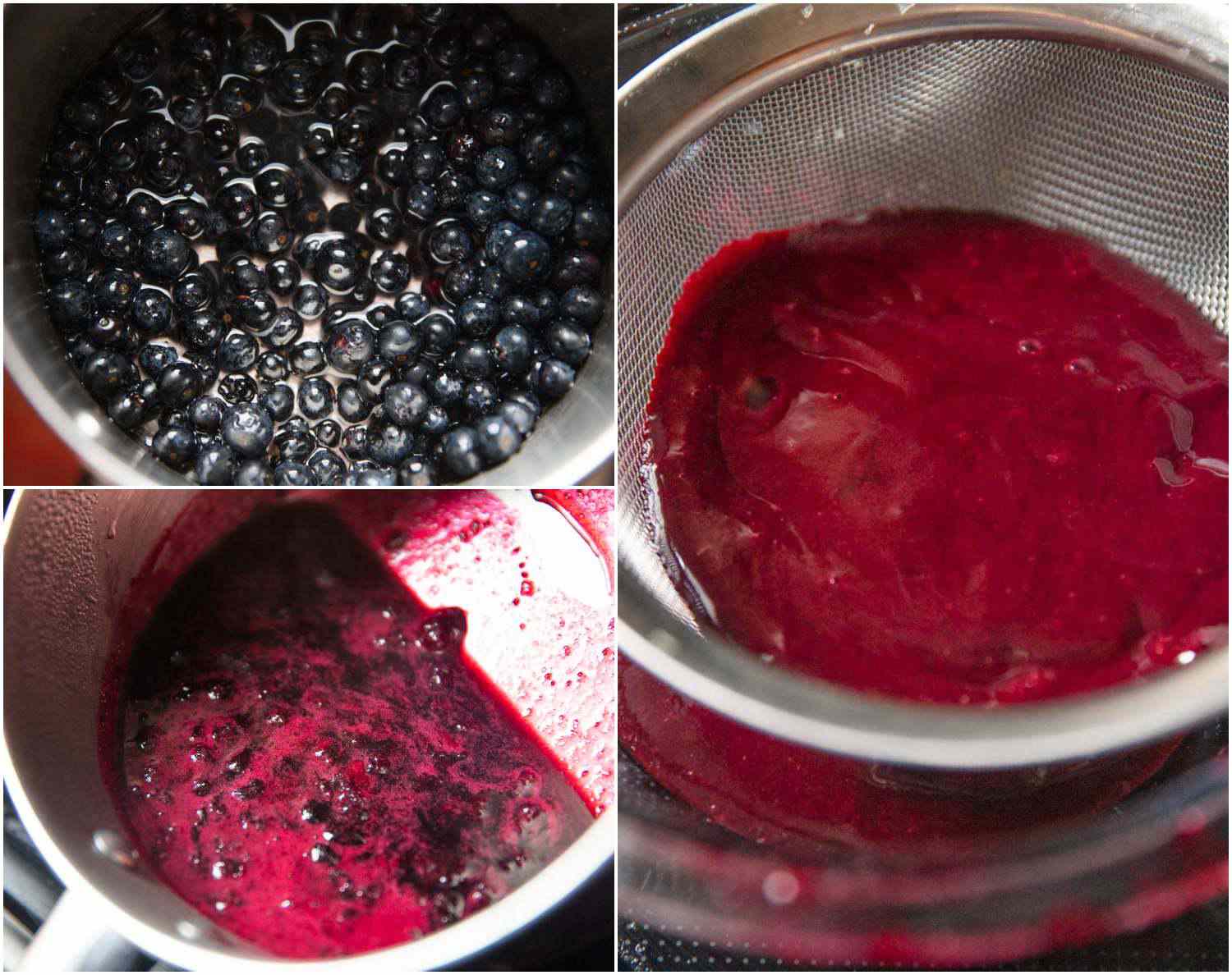 A three-image collage of simmering down blueberries and straining out the purée.