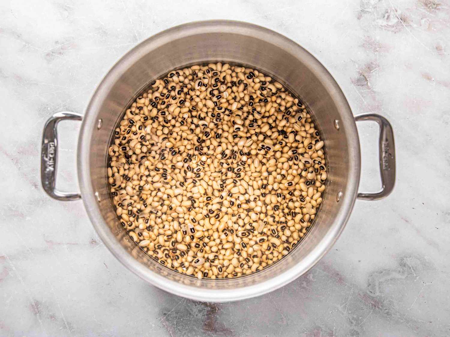 Overhead view of beans soaking in water