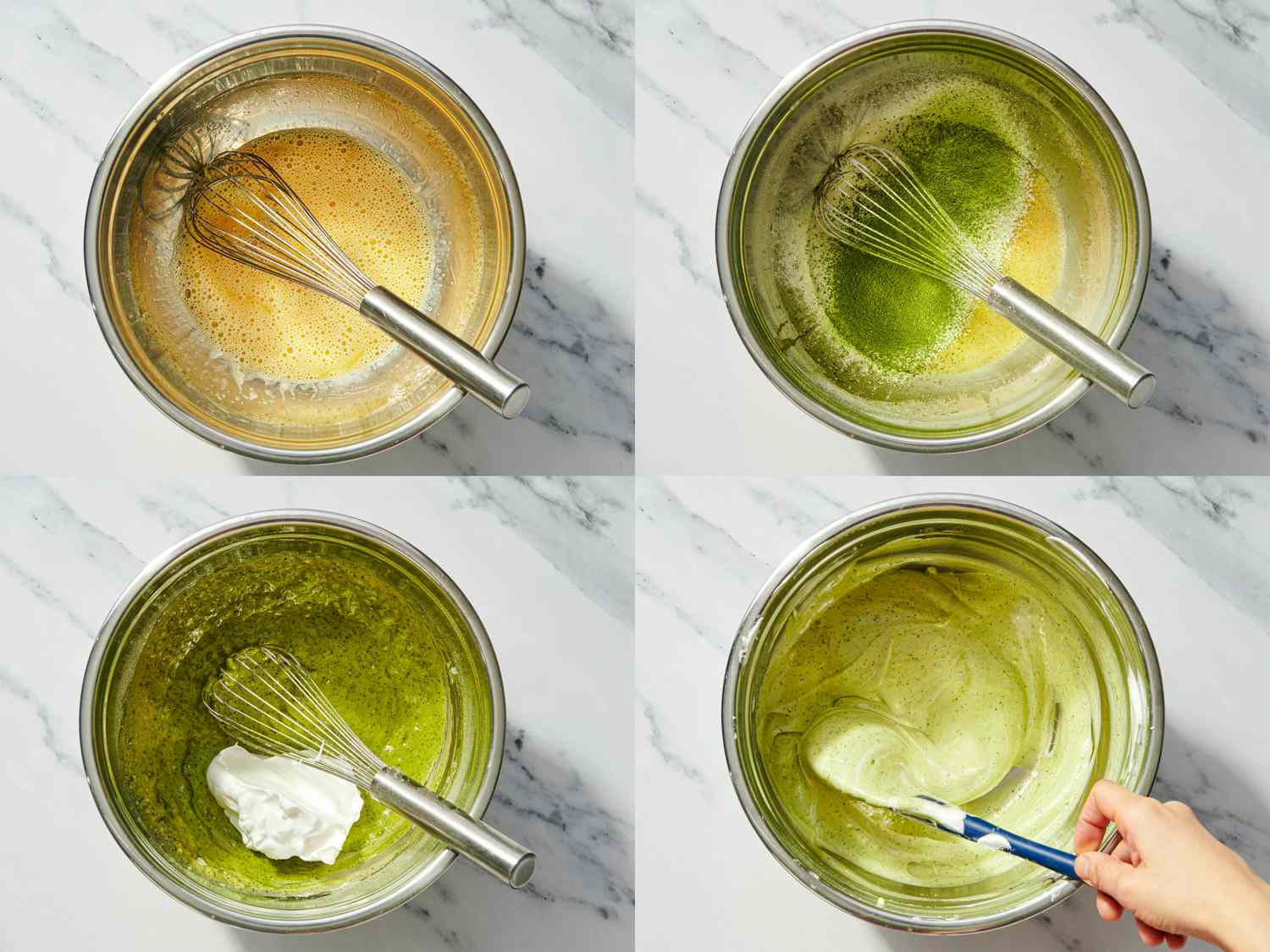 Four steps of mixing ingredients to create the matcha cake batter showing progression with a whisk and a spatula