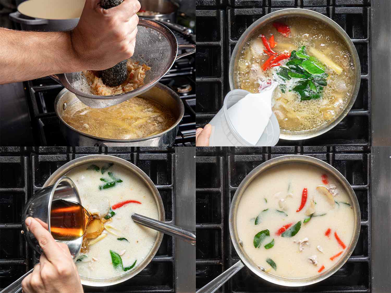 Four Image Collage. Top Left: Strained ingredients being pushed against the strainer to get as much juice into the stock as possible. Top Right: Coconut milk being adding. Bottom left: fish sauce being added. Bottom Right: Finished soup in pot on stove top