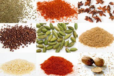 A collage of nine spices commonly used in Indian cooking, including cumin seed, star anise, brown mustard seeds, green cardamom pods, amchoor or mango powder, and whole nutmeg.