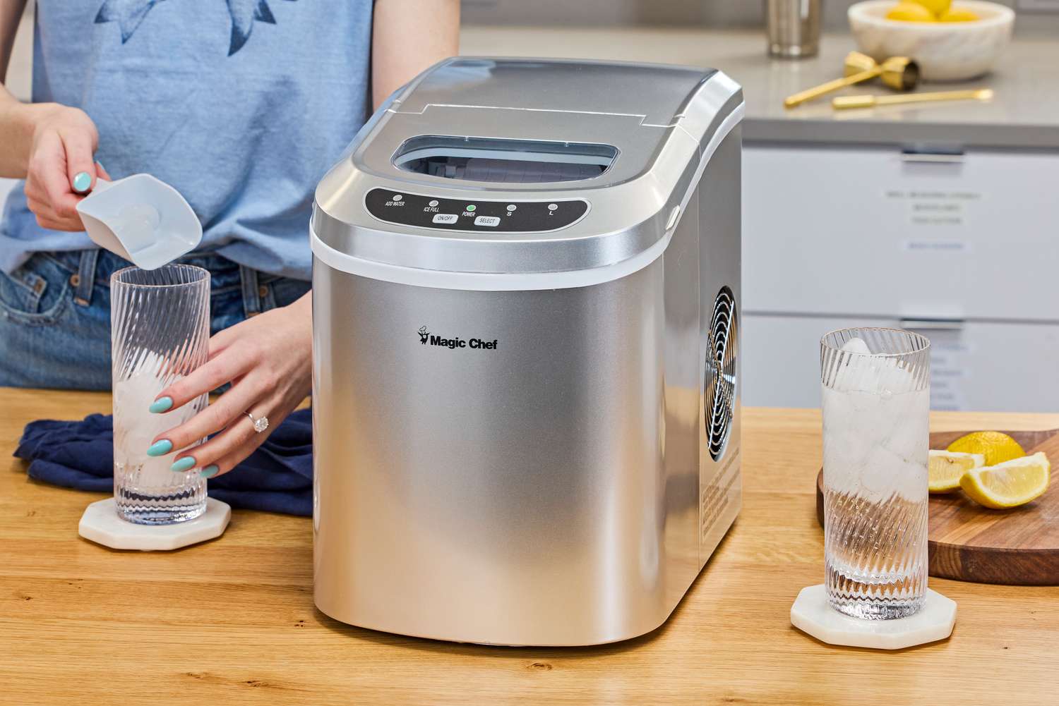 The Magic Chef ice maker on a kitchen countertop.