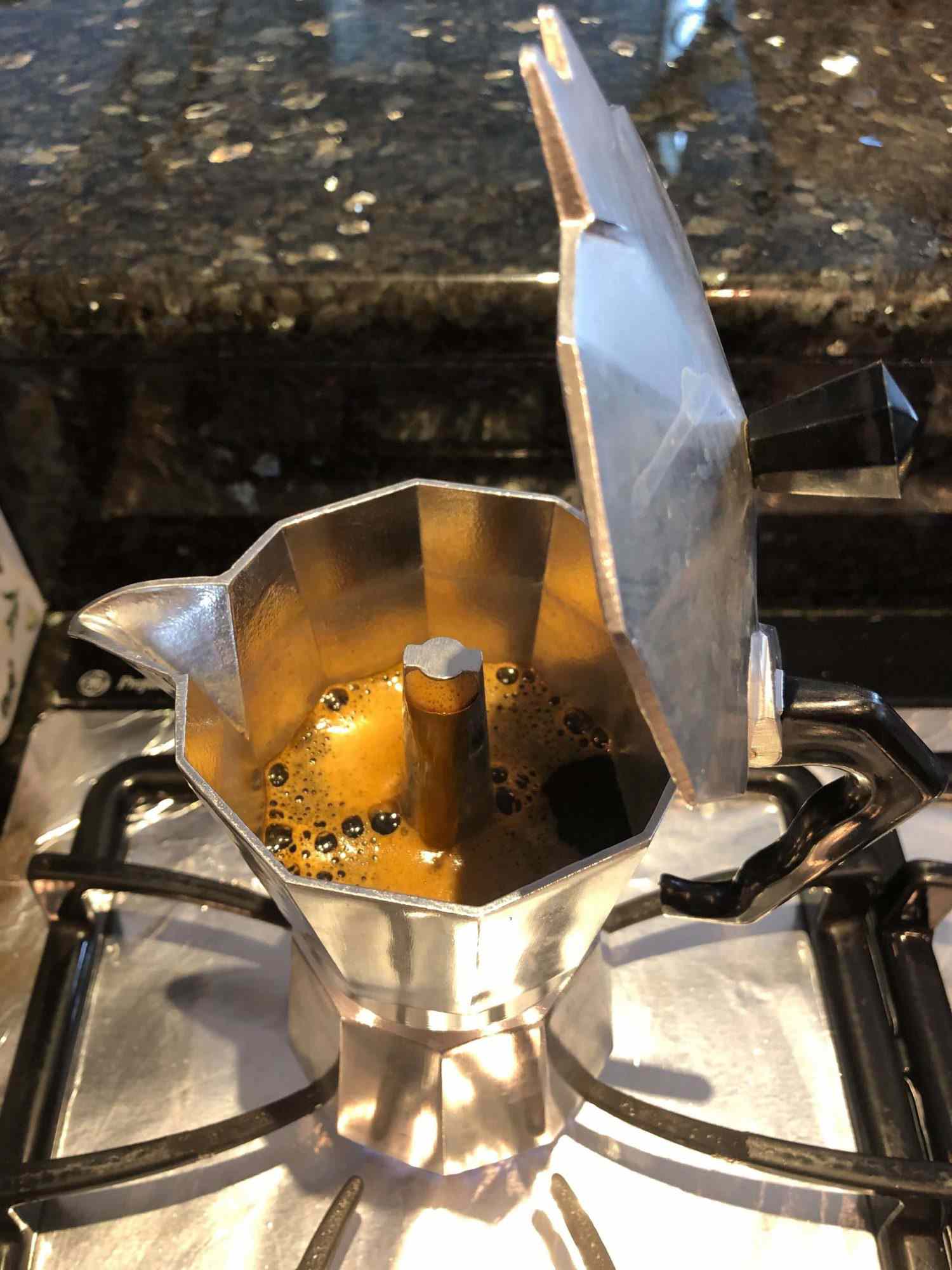 Yasmine's moka pot bubbling away