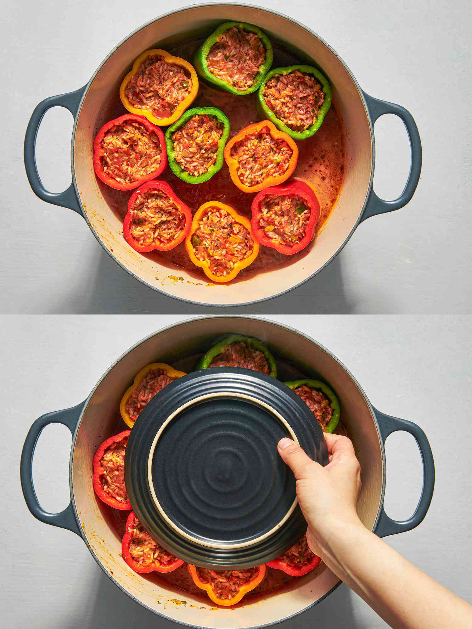 Overhead view of peppers in pot being weighed down with a plate