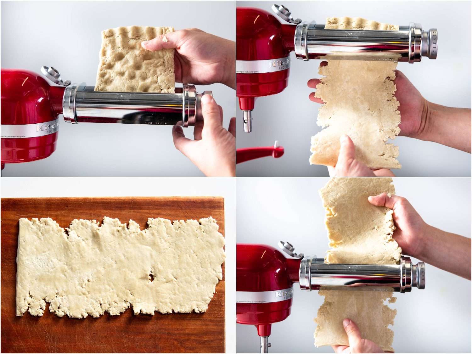 Collage of initial steps of turning rested alkaline noodle dough into rudimentary sheet of dough