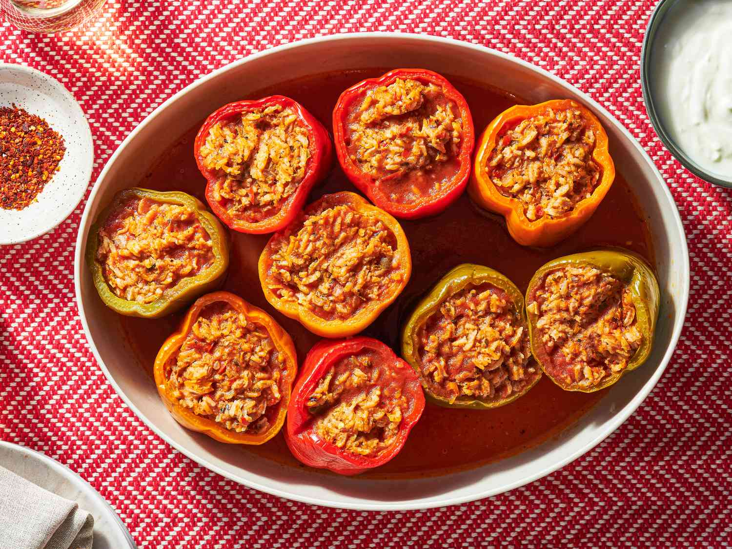 Overhead view of peppers in a platter