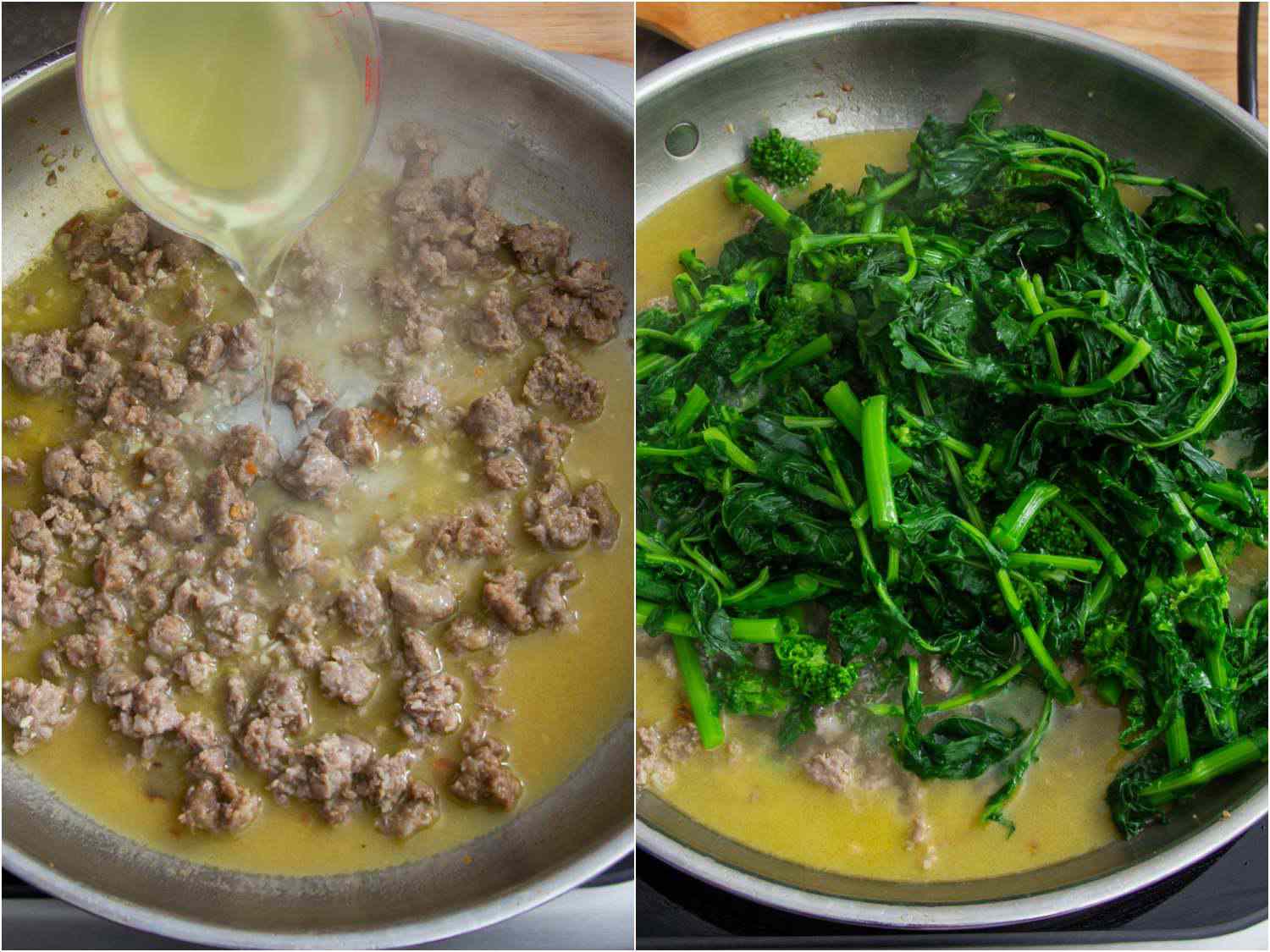 Two photos: pasta water being added to a pan of cooked sausage in olive oil and blanched broccoli rabe placed on top of the sausage.