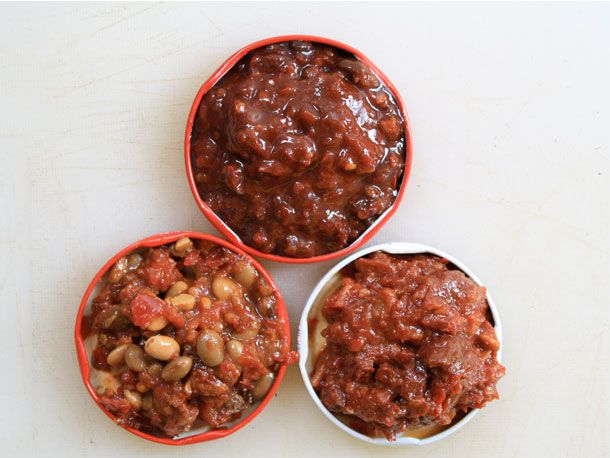 Three bowls of bean pastes.