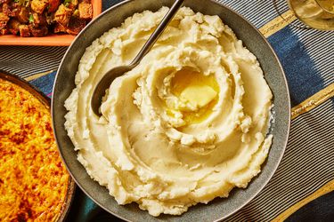Overhead view of ultra fluffy mashed potatoes