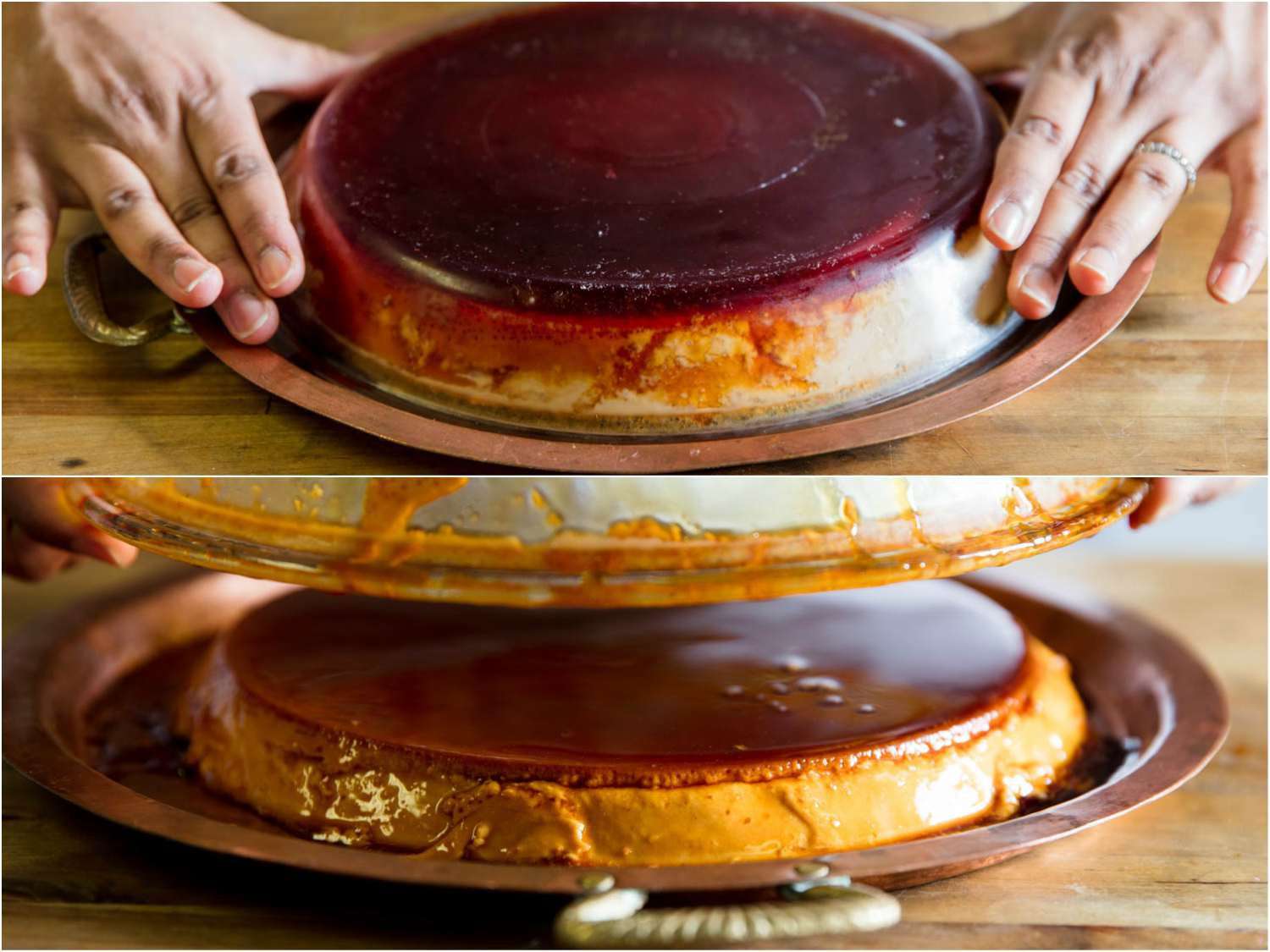 A two-image collage of flipping flan from the baking dish onto a serving plate.