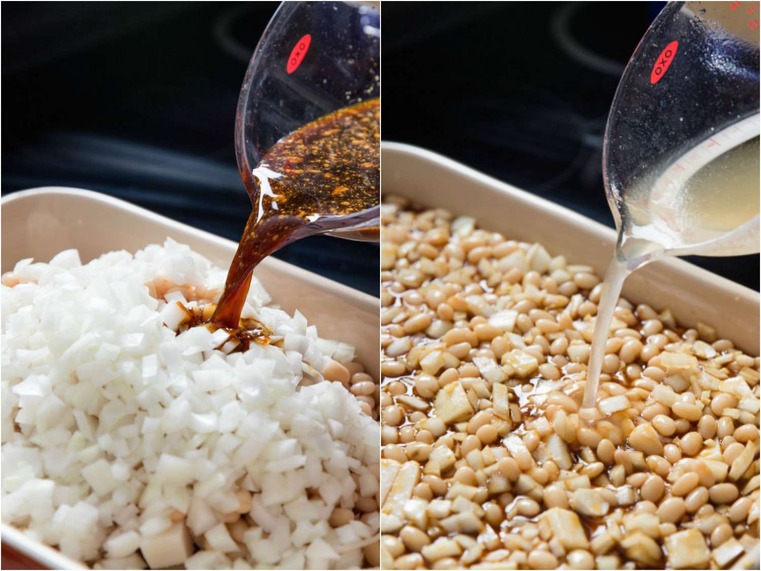 Photo collage showing the assembly of Boston baked beans in baking dish with beans, onion, molasses, pork, and bean cooking liquid.