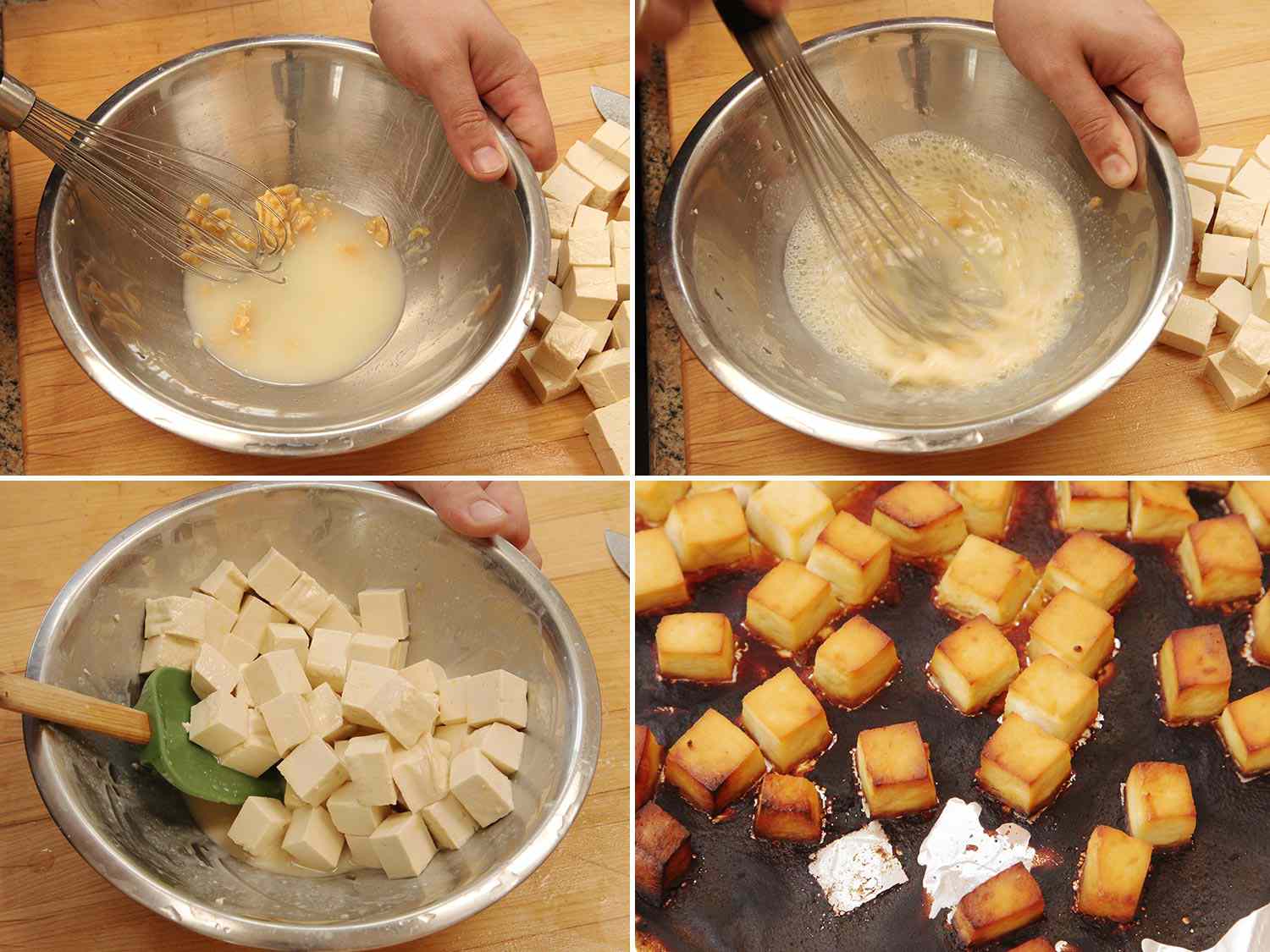 A four-image collage of marinating and browning tofu cubes: whisking miso and lemon juice with a whisk until combined, adding tofu to marinate and baked tofu on a baking sheet, looking golden and brown.