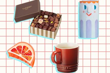 L.A. Burdick Everyday Chocolate Assortment, Jenny Lemons Mini Grapefruit Slice Hair Claw Clip, Ana Seixas Girl with Stripes Ceramic Vase, and Le Creuset Stoneware Espresso Mug on a grid background