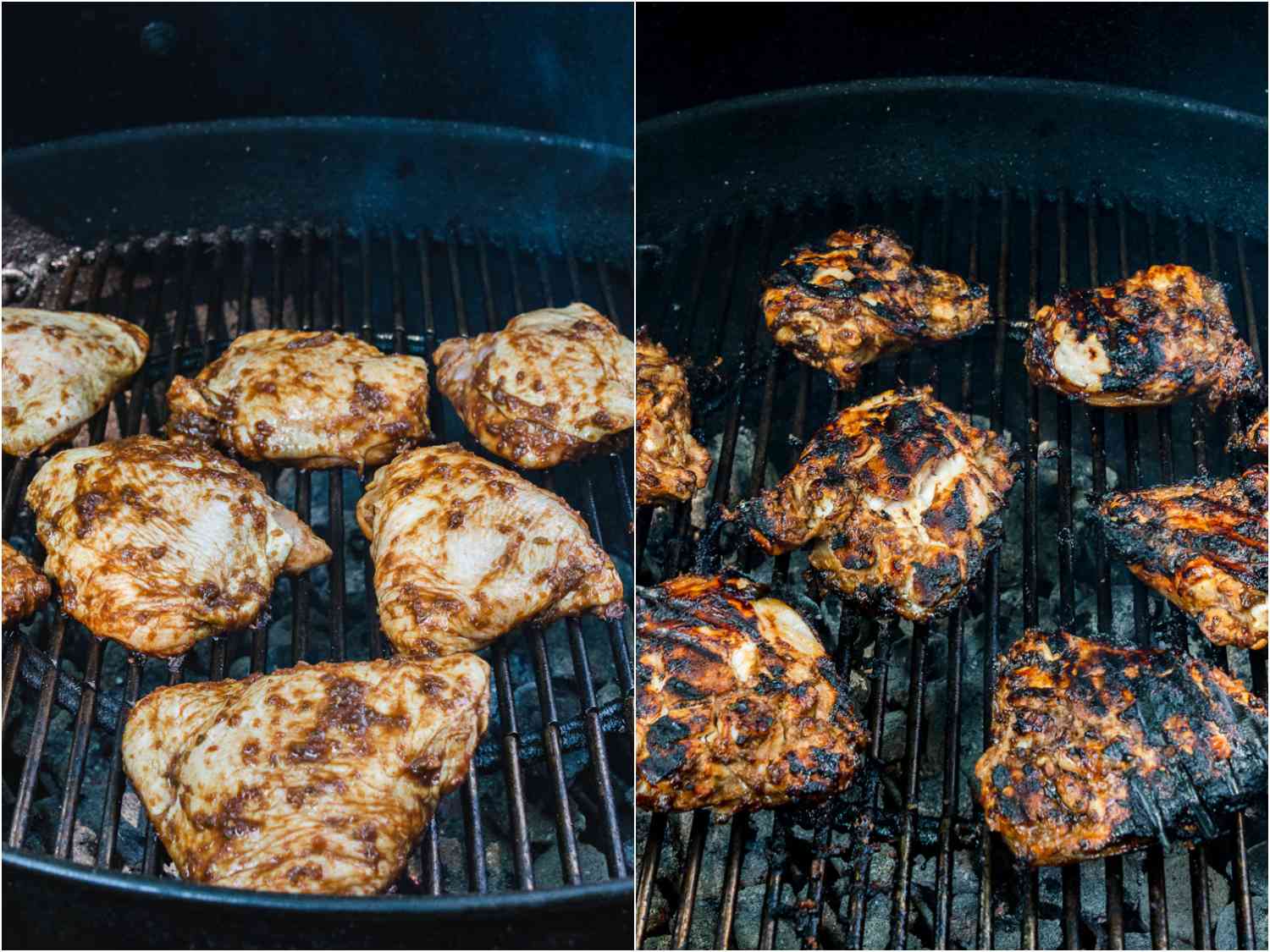 Before and after shots of grilling the chicken thighs.
