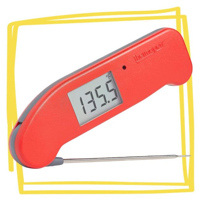 A red digital food thermometer displaying a temperature of 1355 on its screen shown with a yellow frame accent