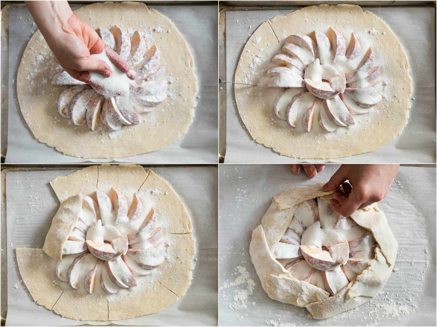 Collage of the starch-coated peach slices arranged of the center of the dough round being sprinkled with sugar and the dough being cut and folded over them to form a rim.