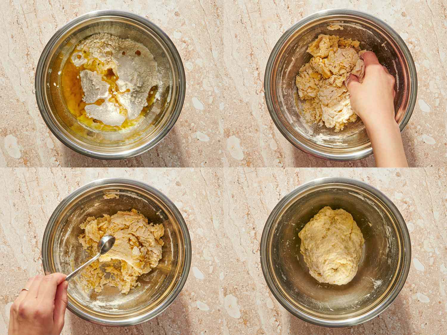 Four steps in preparing phyllo dough is depicted showing a bowl with ingredients mixing by hand spoon stirring and a formed dough ball